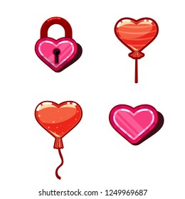 The concept of the heart of the game design - lock, candy, balloon. 3d heart game icon