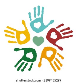 concept of heart with prints of children's human hands. Vector illustration. The image is isolated on a white background. Love, care, friendship, family, tolerance, security. A symbol of friendship.