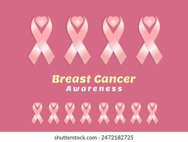 The concept of Heart ribbon with text-Breast cancer awareness, Realistic pink ribbon, group of pink color ribbons Breast cancer awareness symbol, vector illustration