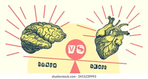 Concept heart VS brain. Vintage design collage poster. Mental health and emotional well-being symbols Mind-heart balance hand drawn graphic art. Half tone and sketch doodle style. Vector illustration.