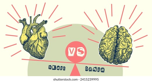 Concept heart VS brain. Vintage design collage poster. Mental health and emotional well-being symbols Mind-heart balance hand drawn graphic art. Half tone and sketch doodle style. Vector illustration.