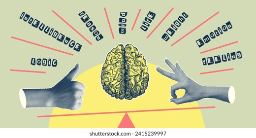 Concepto corazón vs cerebro. Afiche de collage de diseño de época. Símbolos de salud mental y bienestar emocional El equilibrio de mente-corazón dibuja arte gráfico a mano. Estilo de doodle de medio tono y esbozo. Ilustración vectorial.