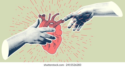 Concept heart VS brain. Vintage design collage poster. Mental health and emotional well-being symbols Mind-heart balance hand drawn graphic art. Half tone and sketch doodle style. Vector illustration.