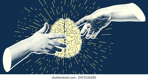 Concept heart VS brain. Vintage design collage poster. Mental health and emotional well-being symbols Mind-heart balance hand drawn graphic art. Half tone and sketch doodle style. Vector illustration.