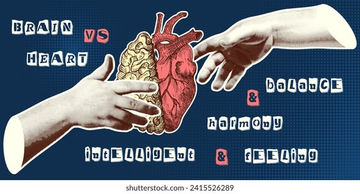 Konzept Herz VS Gehirn. Vintage Design Collage Poster. Psychische Gesundheit und emotionales Wohlbefinden Symbole Mind-Herz Gleichgewicht handgezeichnet Grafik-Kunst. Halb Ton und Sketch doodle Stil. Vektorgrafik.