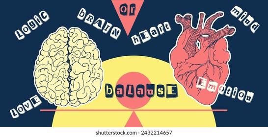 Concepto corazón VS cerebro. Cartel de collage de diseño vintage. Símbolos de salud mental y bienestar emocional Equilibrio mente-corazón arte gráfico dibujado a mano. Ilustración vectorial.