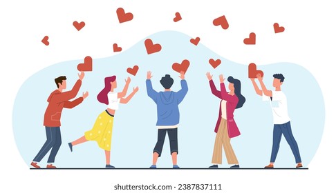 Concept of heartfelt help and support, people catching hearts. Donation and social aid. Volunteer cooperation, men and women together share love and empathy, vector cartoon flat illustration