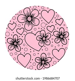 Concept of hearts and flowers in the shape of a circle. Drawn contour on a pink background. Vector illustration. Doodle style