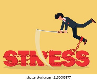 Concept of heavy stress. confident businessman uses a sword to fight stress.