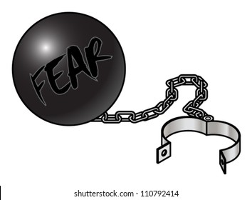 Concept: held back by fear. A ball and chain with fear written on the ball.