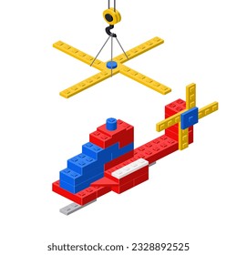 Concept with helicopter and crane assembled from plastic blocks in isometric style. Vector illustration.