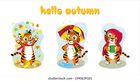 Concept hello autumn 2022. Vector illustration of tiger cubs from autumn months