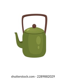 Concept Hello autumn with kettle kitchen tea. This is an illustration in a flat, vector style with a concept of autumn. The design features a green kettle on a white background. Vector illustration.