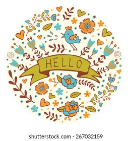 Concept hello card. Elegant floral handdrawn round composition