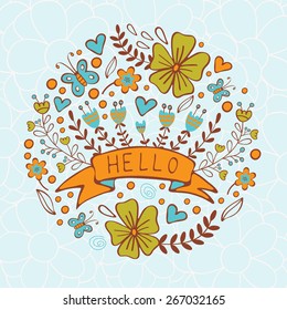 Concept hello card. Elegant floral handdrawn round composition
