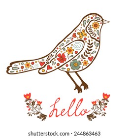 Concept hello card with floral decorative bird. vector illustration