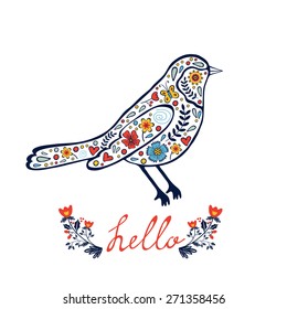 Concept hello card with floral decorative bird. vector illustration