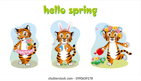 Concept hello spring 2022. Vector illustration of tiger cubs from spring months