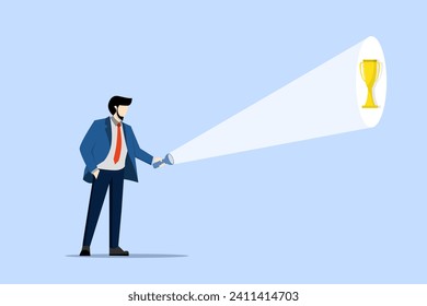 Concept of help and guidance to discover potential and achieve achievements, businessman using flashlight to search for trophies of success. employees find career success. flat vector illustration.