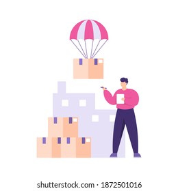 the concept of a helper or warehouse supervisor, admin, inventory stock take staff. illustration of a male worker or employee who is recording incoming goods. flat style. design elements.