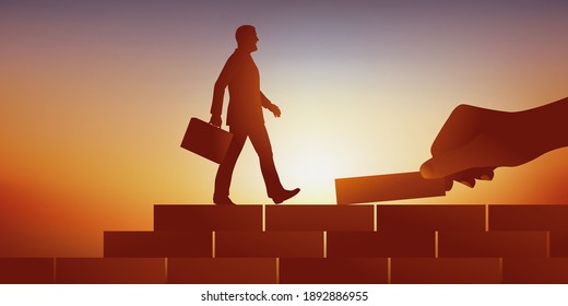 Concept of helping a business development partner with a man walking up stairs and a hand symbolically adding stairs to him.