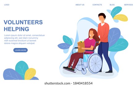 The concept of helping the disabled and handicapped people. Smiling male volunteer driving a happy woman in a wheelchair holding a bag of groceries. Flat cartoon vector illustration. Website template.