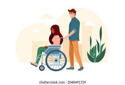 Concept of helping the disabled. A loving couple walking outdoors in a city park. Young man pushing a wheelchair with a young woman. Flat vector illustration.