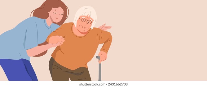 Concept of helping the elderly. A female nurse provides support to a sick elderly woman. Caring for a sick person. Vector flat illustration isolated on dusty peach background.