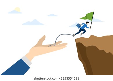 concept of helping hand or support to help achieve success, help to reach next level, solution or encouragement of employee, hand helping business people to jump over cliff to achieve success.