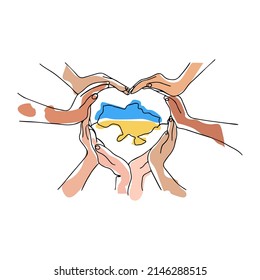 The concept of helping the whole world to Ukraine. Hands showing heart, love. Hand gesture. Hands of people of different nationalities expressing support. Map of Ukraine in national colors. 