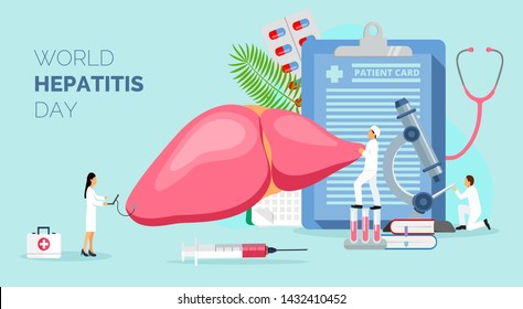 Concept of hepatitis A, B, C, D, cirrhosis, world hepatitis day. Tiny doctors treat the liver. Blue background vector for for website and mobile website development, apps is presented.