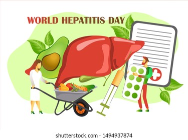 Concept of hepatitis A, B, C, D, cirrhosis, world hepatitis day. Tiny doctors treat the liver. Healthy Liver Food. Green background vector for for website and mobile website development