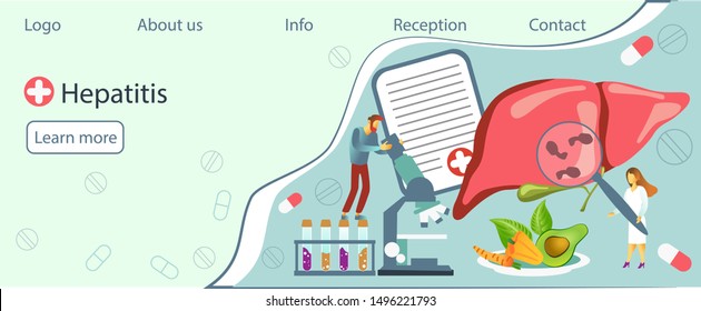 Concept of hepatitis A, B, C, D, cirrhosis, world hepatitis day. Tiny doctors treat the liver. Blue background vector for for website and mobile website development, apps is presented.