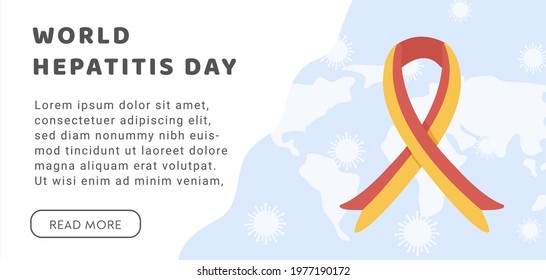 Concept of hepatitis A, B, C, D, cirrhosis, world hepatitis day. Web Horizontal Banner Template with world map, virus and colored red and yellow ribbon. Medical poster for Viral Hepatitis. Vector. 