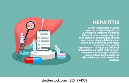 Concept of hepatitis A, B, C, D, acute cirrhosis, world hepatitis day. tiny doctor character diagnoses liver. vector illustration.