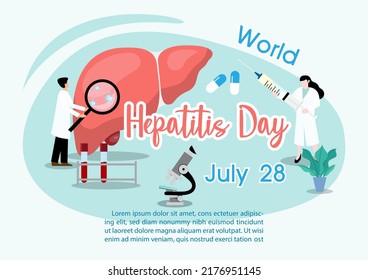Concepto de la hepatitis A, B, C, D, y afiche de la campaña del día mundial de la hepatitis con médicos tratan al hígado en un diseño de tipo plano y vectorial.