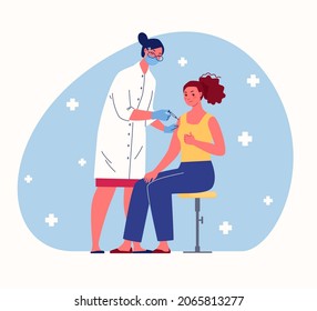 Concept of herd immunity during epidemic. Female doctor gives patient injection in shoulder. Vector cartoon style illustration with people characters.