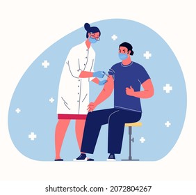 Concepto de inmunidad de rebaño durante la epidemia. El médico femenino administra la inyección del paciente en el hombro. Ilustración de estilo de dibujos animados con personajes de la gente.