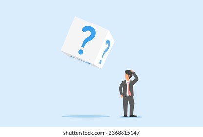 Concept of hesitation. doubt in investment. uncertainty. a confused businessman looking at a dice with a question mark. investment risk that is always haunted by uncertainty. finding the answers.