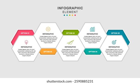 Concept of hexagon infographic business model with 5 successive steps. Six colorful graphic elements. Timeline design for brochure, presentation.