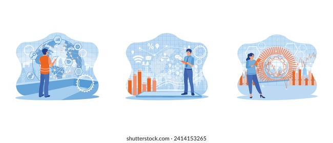 Konzept von High-Tech und Kommunikation. Hochtechnologie und Kommunikation. Innovationsnetz, digitales Marketing. Technologie und Bankwesen. flache Vektorgrafik, moderne Illustration 