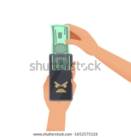 concept of high expenses. spend money on expensive goods. to pay for mobile service or internet. to waste money online. hand puts dollar bill in smartphone that chop it like shredder. isolated vector 