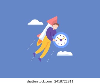 A concept of high flying hours. Experienced, expert, and professional person. Time management effectively and efficiently. Fly using rockets and hold a clock. concept illustration design. graphic