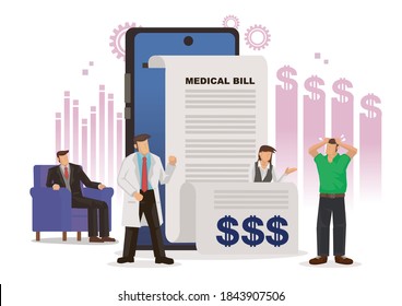 Concept of high Medical and health care prices under the corporate culture. Patient worried with expensive bill, insurance, bill or invoice with dollar. Vector illustration.