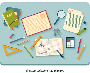 Concept of high school object and college education items with studying and educational elements. Top view of desk background. Flat icons vector collection. 