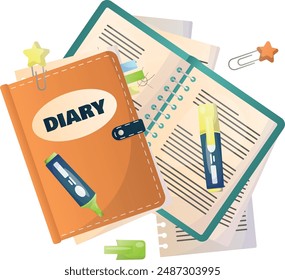 Concept of high school object and college education items with studying and educational elements. Top view of desk background.