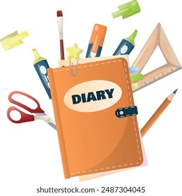 Concept of high school object and college education items with studying and educational elements. Top view of desk background.