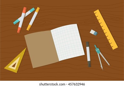 Concept of high school object and college education items with studying and educational elements. Top view of desk background.