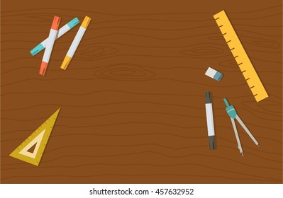 Concept Of High School Object And College Education Items With Studying And Educational Elements. Top View Of Desk Background.