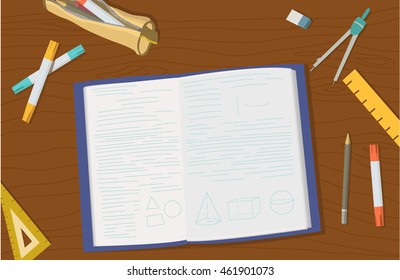 Concept of high school object and college education items with studying and educational elements. Top view of desk background.